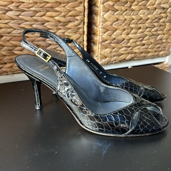 Stuart Weitzman snake skin‎ black patent leather peep toe heels pumps Size 8 - Picture 2 of 12